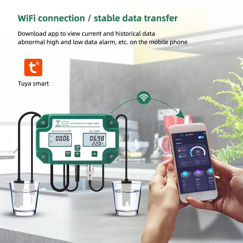 6-in-1 Wifi Water Tester for PH/EC/TDS/SALT/G.S/Temp Meter TUYA APP Online Monitoring
