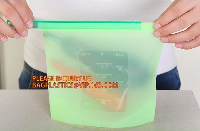 Storage preservation reusable silicone food bag,FDA reusable silicone storage food bag with Zip lockk in microwave bagease