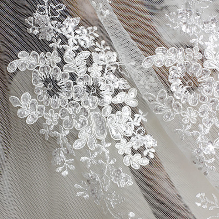 Luxury Ivory Embroidery Cord Sequin Lace Fabric / French Bridal Sequin Mesh Fabric