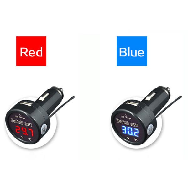 New 3 in 1 Digital Voltmeter Thermometer 12V 24V Cigarette Lighter USB Car