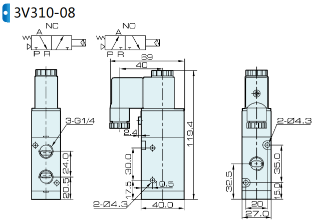 3V310-08 Airtac Type 3 Way Pneumatic Air Solenoid Valve 1/4'' 12VDC