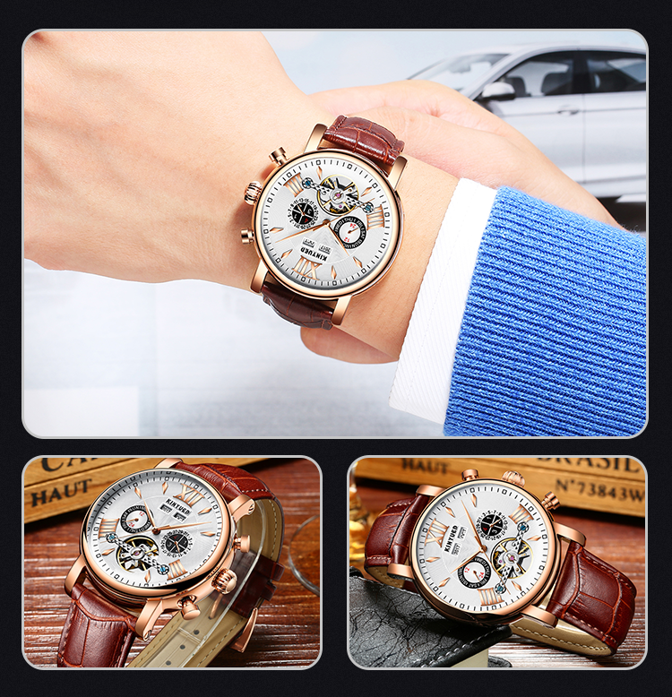 KINYUED J017-1 White Dial Gold Case Leather Strap Complete Calendar Skeleton Automatic Mechanical relojes Watch
