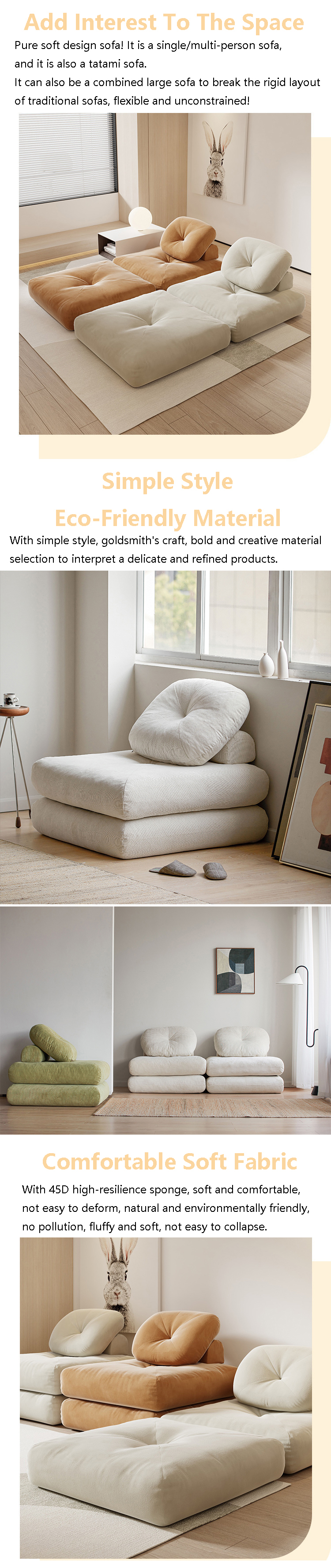Reclining Convertible Sectional Couch Bed Sofa Tatami With Velvet Fabric