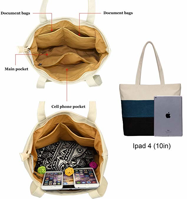 Trendy Durable Custom Printed Tote Bags With Top And Inside Zipper Closure