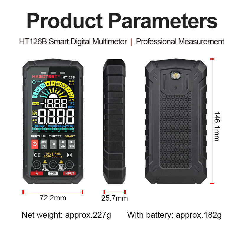 HT126 600V Digital Multimeter Auto Range DMM Voltmeter True RMS AC DC NCV Voltage Meter 6000 Counts Smart Multitester