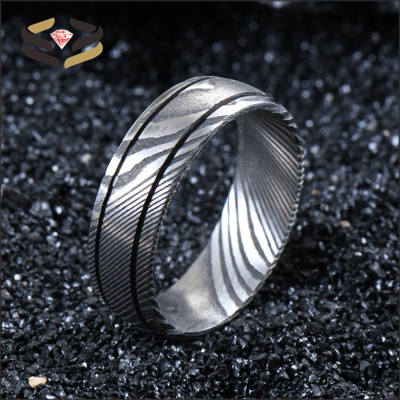 Men Black Damascus Steel Ring 8mm Double Groove for Engagement Wedding