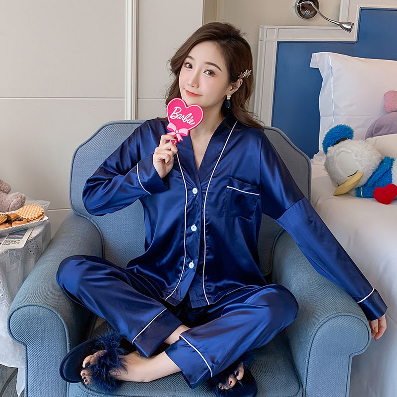 Spring New Long Sleeve V-Neck Cardigan Solid Color Casual Ice Silk Set Pajama Satin
