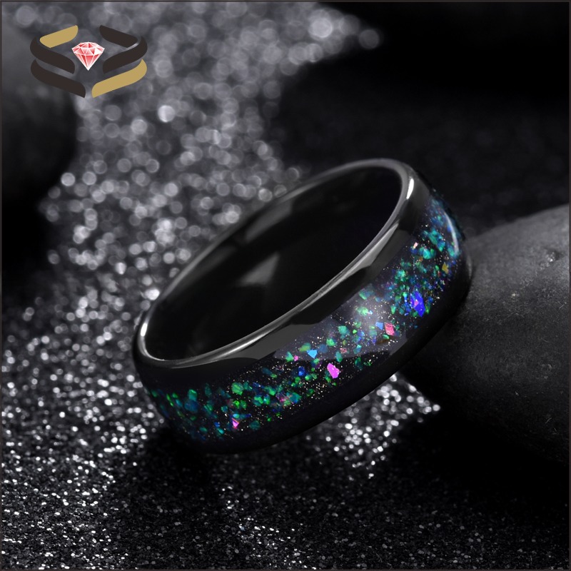 Men'S Domed Black Tungsten Carbide Wedding Band Ring 8mm With Galaxy Opal Inlay