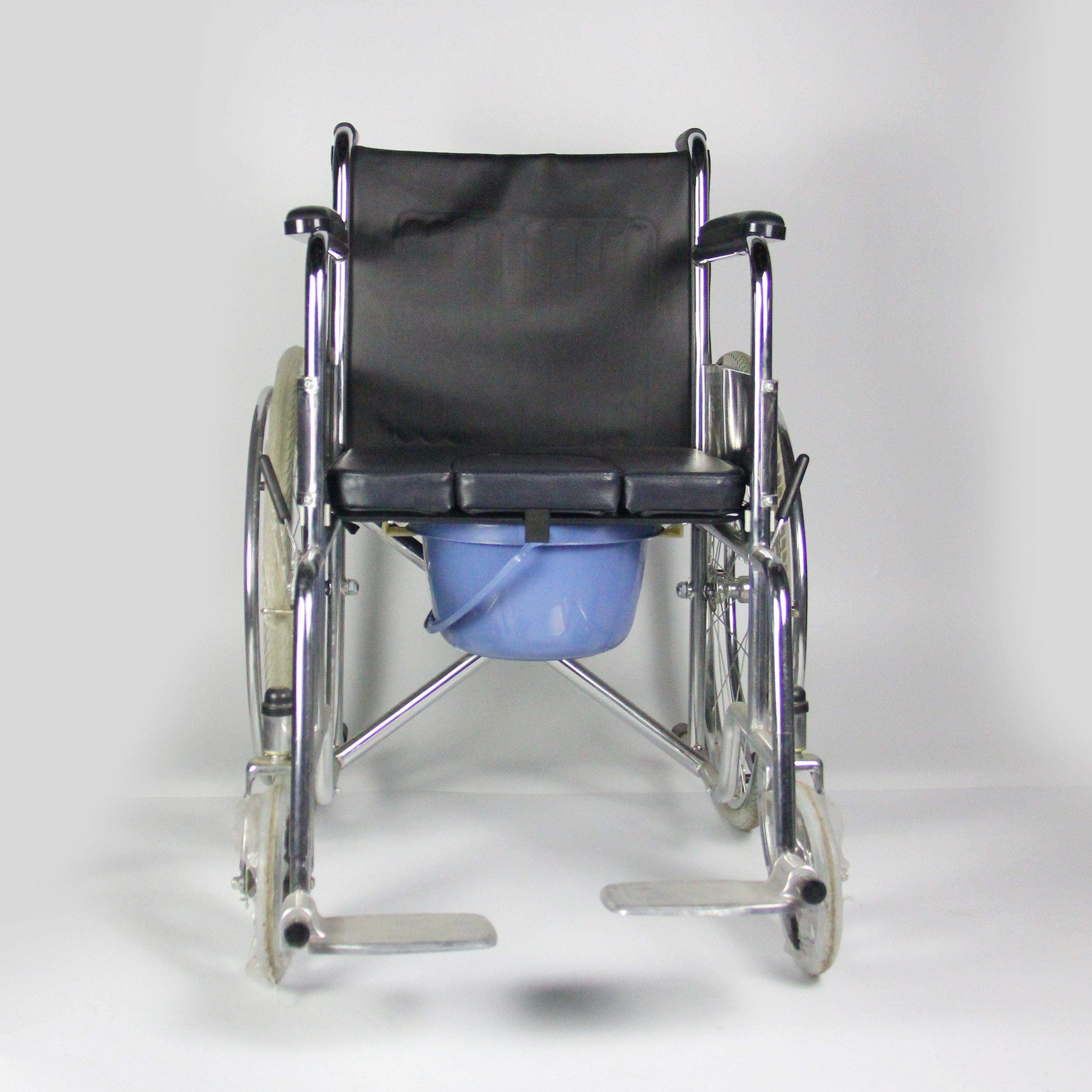 Commode Folding Steel Wheelchair With Solid Castor And Rear Wheel