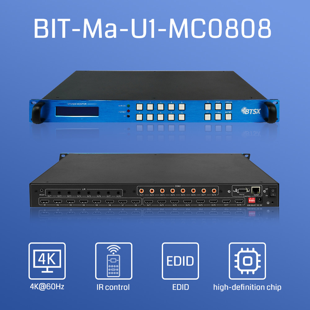 BIT-Ma-U1-MC0808 8x8 4K60 HDMI Matrix Switcher With Audio Extraction IR Control