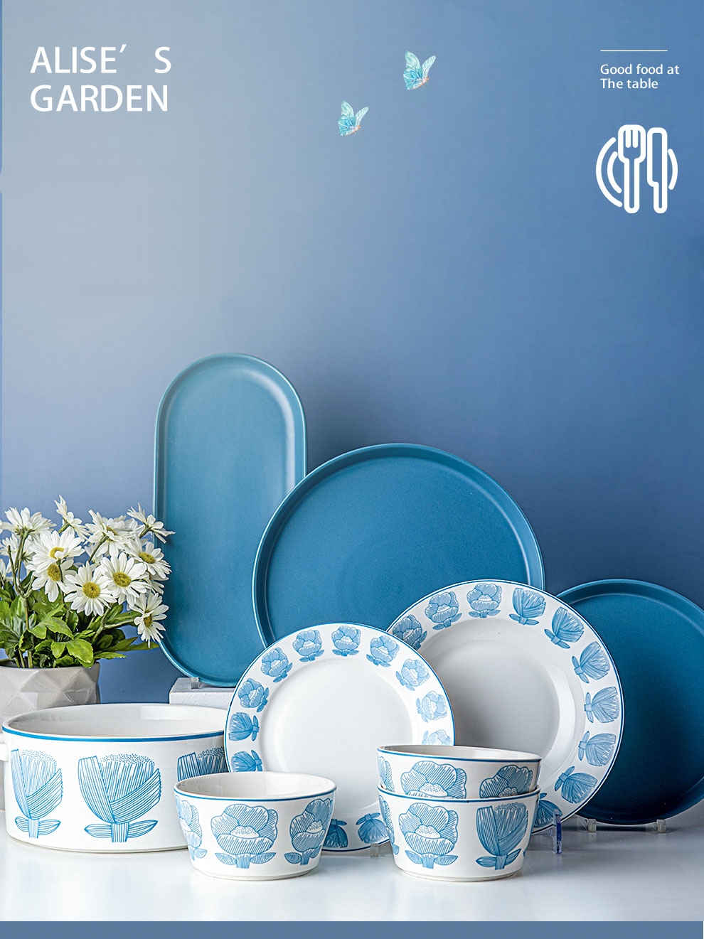 White Blue Porcelain Dinner Sets Nordic Design Style Dinnerware Type Dinnerware Sets
