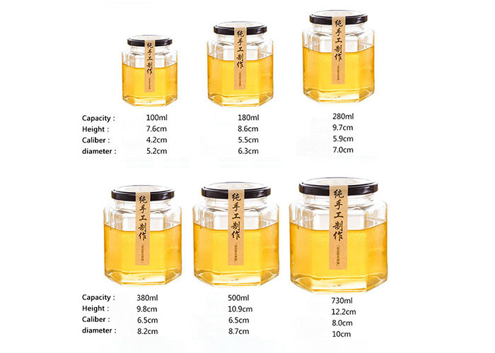Clear Hexagon Honey Jars Hexagon Glass Jar With Black Lids 100ml 180ml
