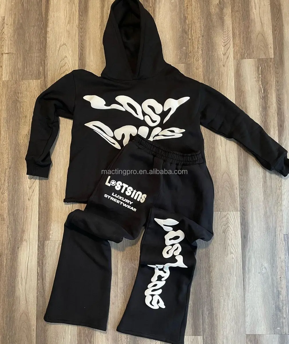 Men'S 3D Puff Print Flared Sweatpants And Cropped Hoodie Set For Tracksuit