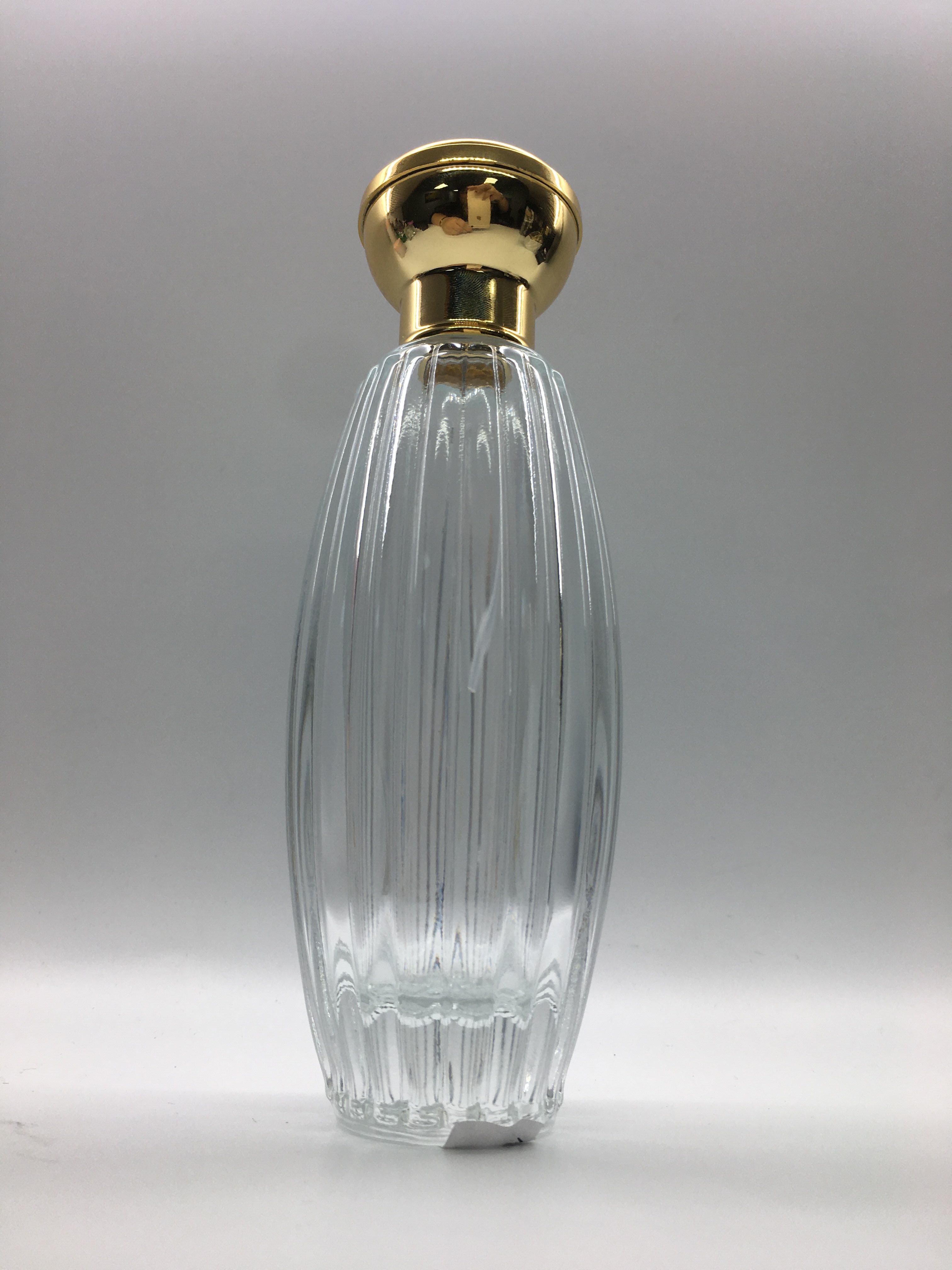 Luxury Tall 100ml Empty Perfume Bottles Crimp Sprayer With Round Gold Cap
