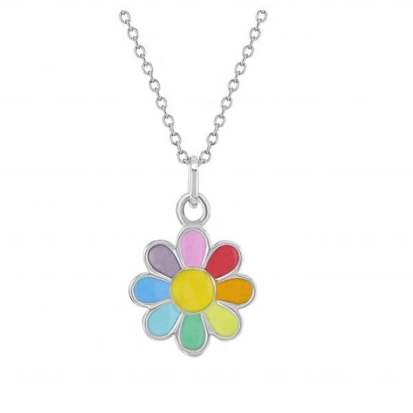 925 Sterling Silver Rainbow Enamel Daisy Pendant Necklaces for Children and