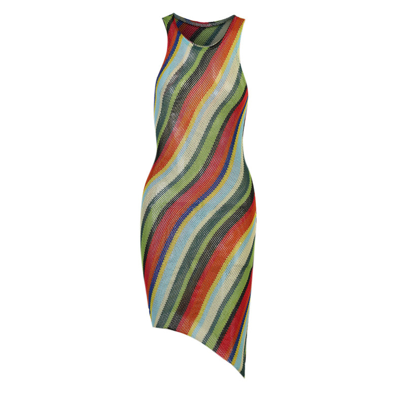 Slim Sleeveless Round Collar Color Stripe Dress Women
