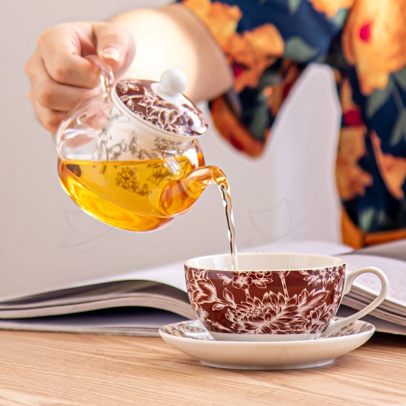 High Borosilicate Glass Teapot Cup And Saucer Set Flower Design Style Sustainable for gift