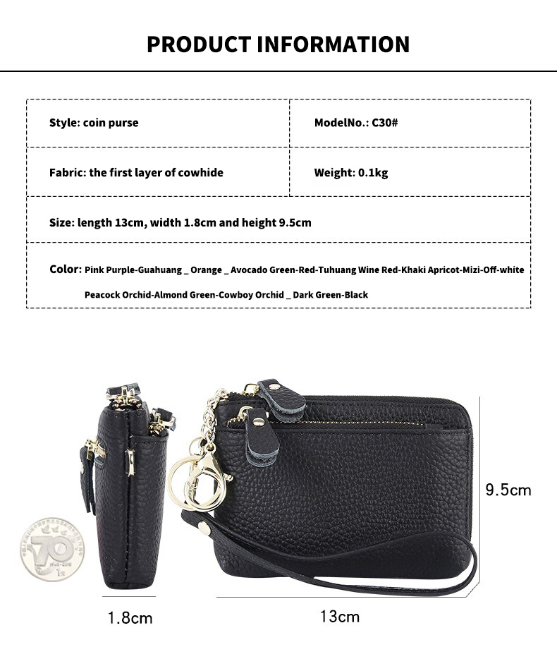 Availiable Sample Leather Women's Coin Purse with Zipper Closure
