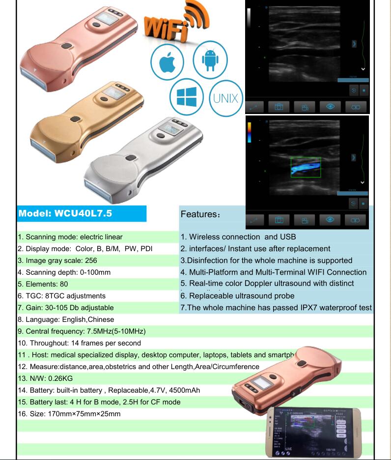 Color Doppler Wireless Ultrasound Probe Wifi ultrasound for Iphone / Android / USB