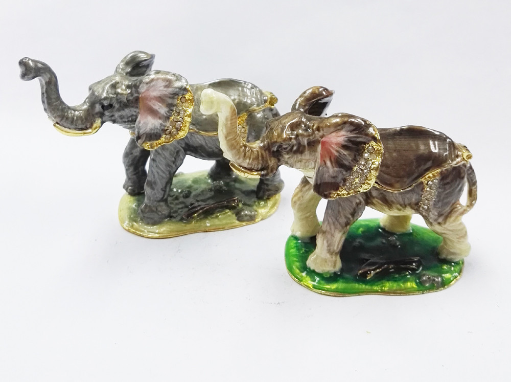 Handmade Pewter metal Trinket Box rhinestone enamel Elephant Decorative jewelry Box