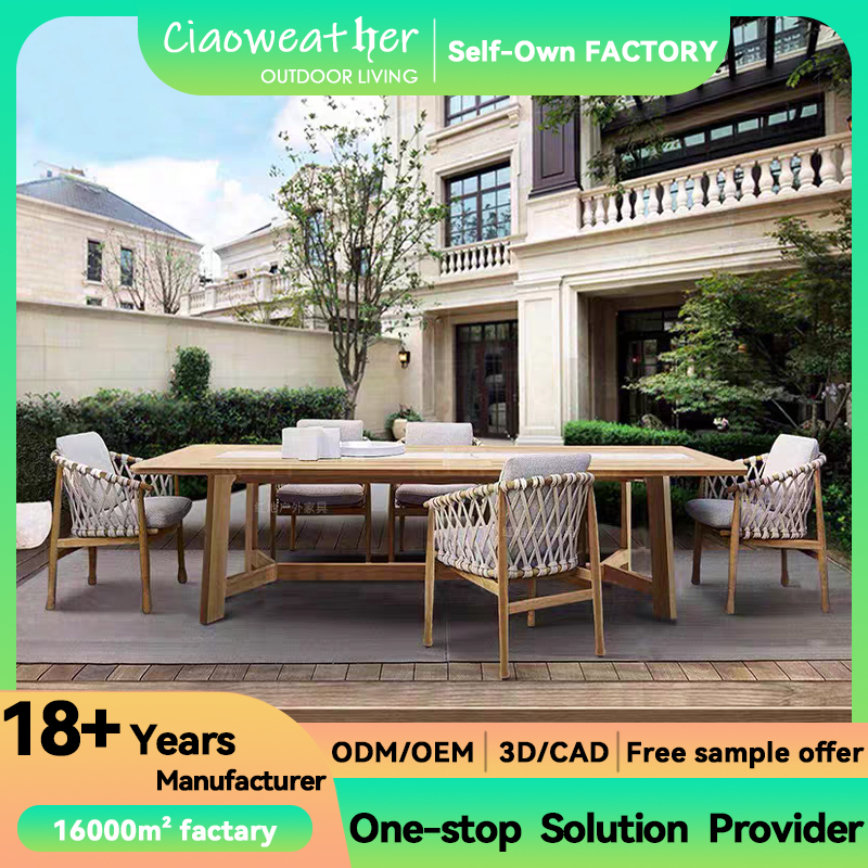 Outdoor Garden Furniture Dining Set with Solid Wood Teak Courtyard Armchair and Side Chair