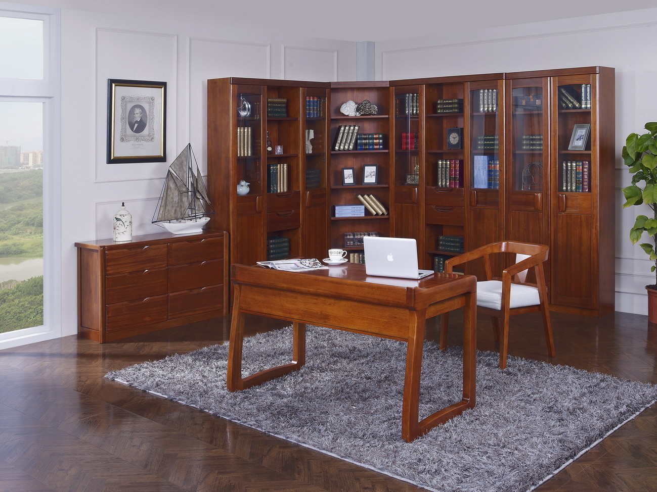 Nanmu solid wood Home office study room furniture set by Tall storage bookcase cabinet and office reading desk Chair