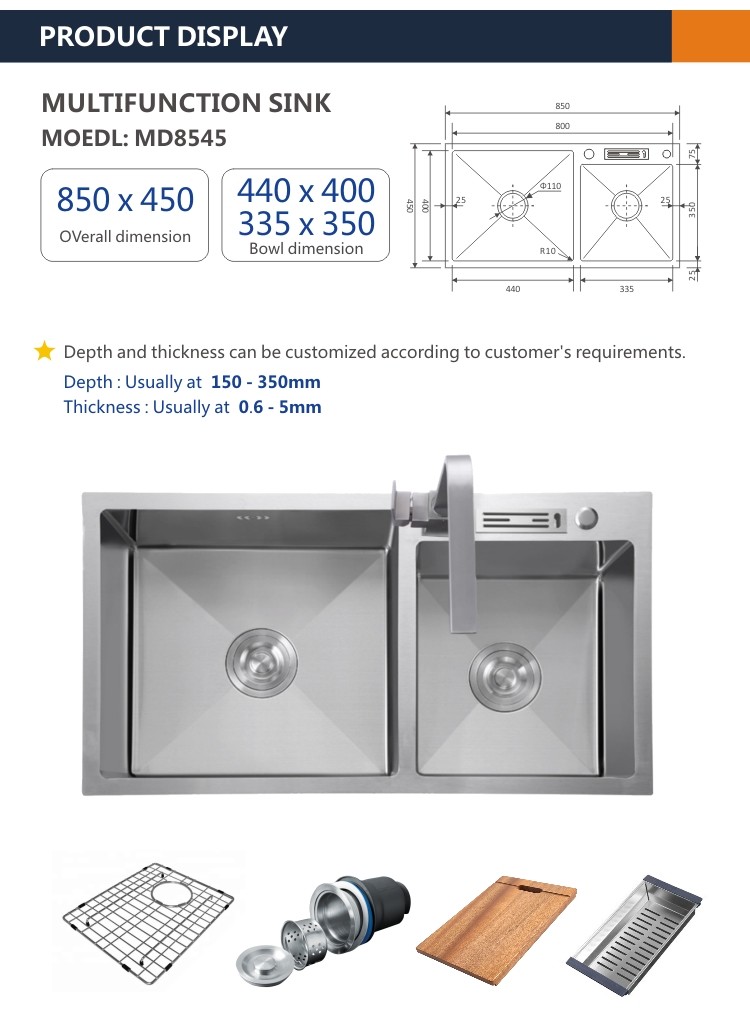 Brushed Steel Kitchen Multifunction Sink 34' Topmount Double Bowl 85x45