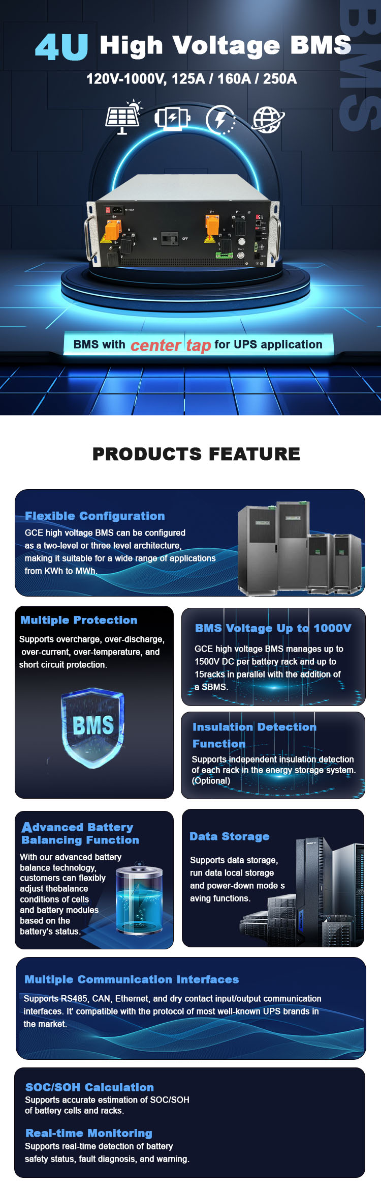 GCE 480V + - 240V High Voltage BMS Lifepo4 BMS 150S 250A Center Tap BMS For UPS Lithium Battery