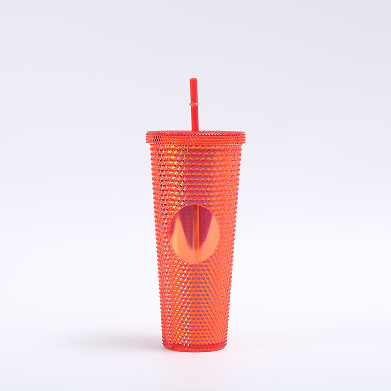 24oz Studded Tumbler Glossy Pink Iced Coffee Cups With Lids Reusable 24 Oz Tumbler With Lid And Straw Reusable Iced Coffee Cup Bling Cup