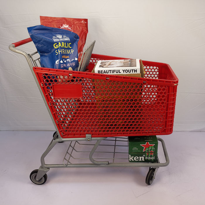 Double Layer Plastic Shopping Carts 110kgs Loading Capacity Plastic Grocery Cart