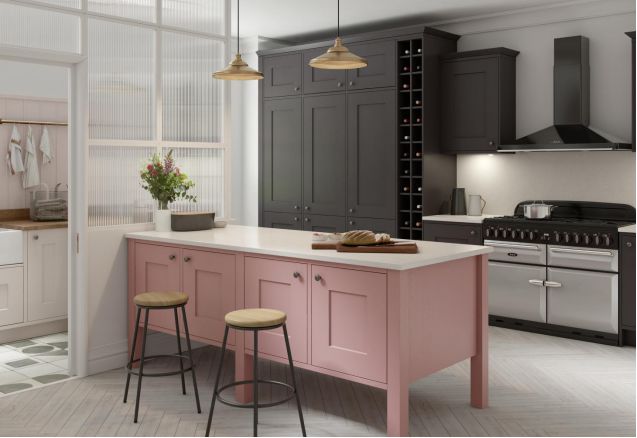 Ready to Assemble Modern Pink Lacquer Kitchen Cabinet Set with Quartz Stone Countertop
