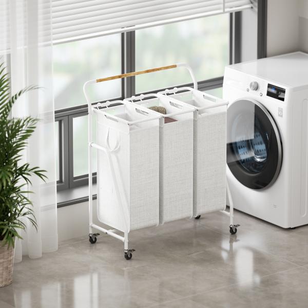 Metal Wire Laundry Basket With Bamboo Handle And Wheels Utility 3 Division Big
