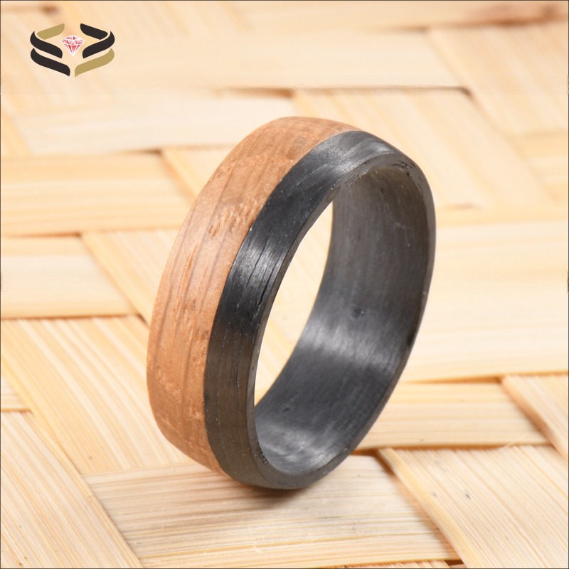 Wedding Dome Black Carbon Fiber Ring Natural Charred Whiskey Barrel Wood Inlayed For Men