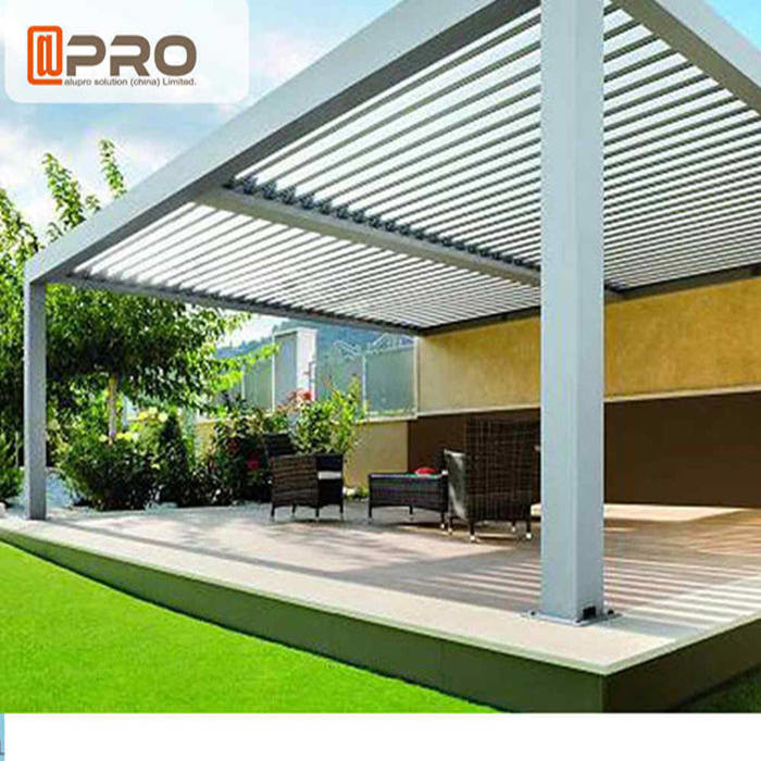 Outdoor Motorized Modern White Pergola , Powder Coated Aluminum Pergola