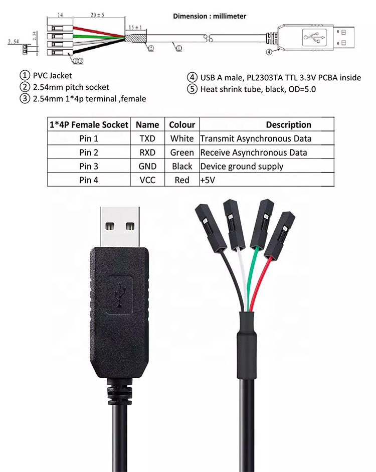 High Compatible WIN7 10 FTDI FT232 5V 3.3V USB to Uart TTL Serial Cable for Raspberry Pi