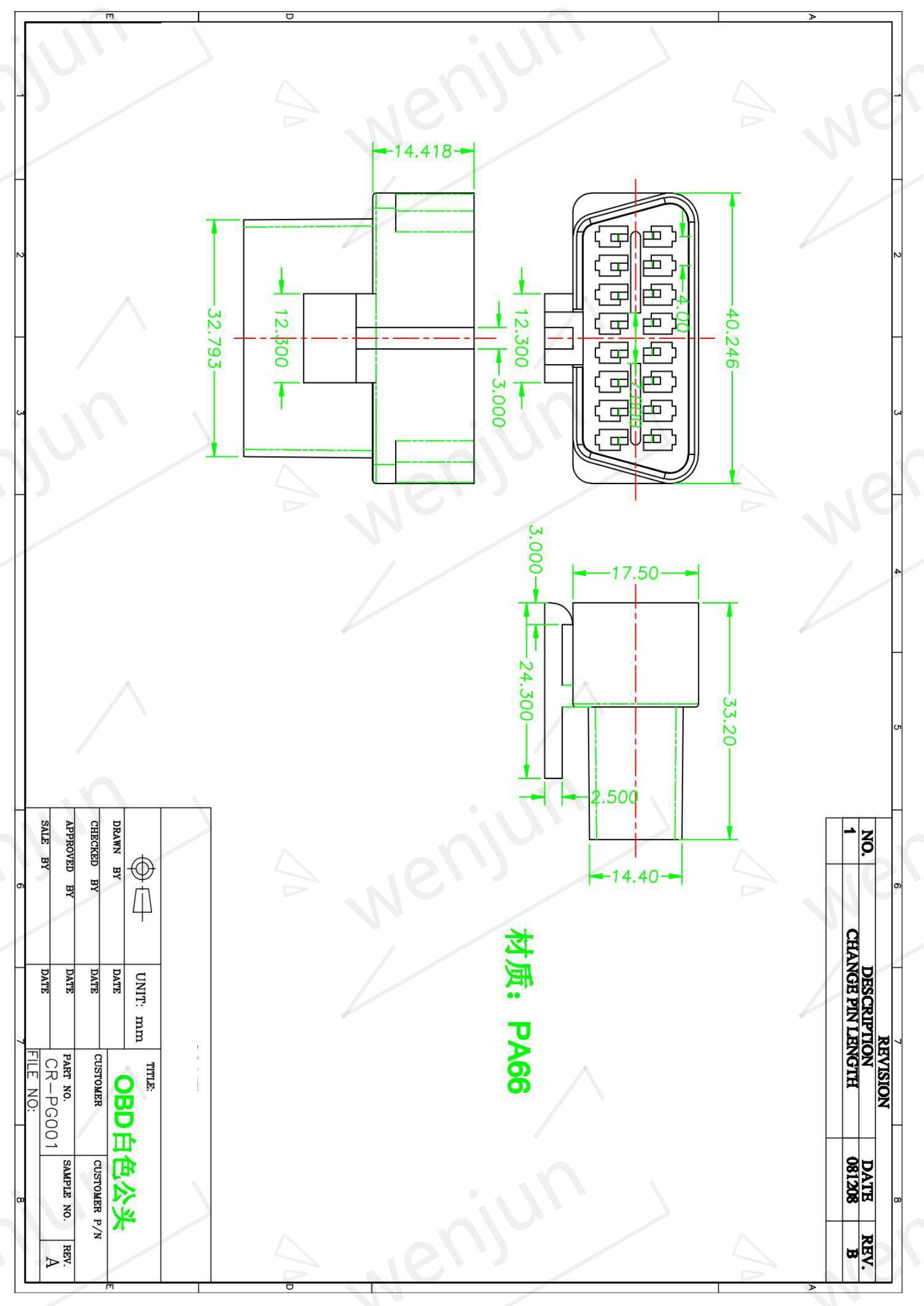 PCB OBD2 OBD Car Connector PA66 Brass Core Material For Auto