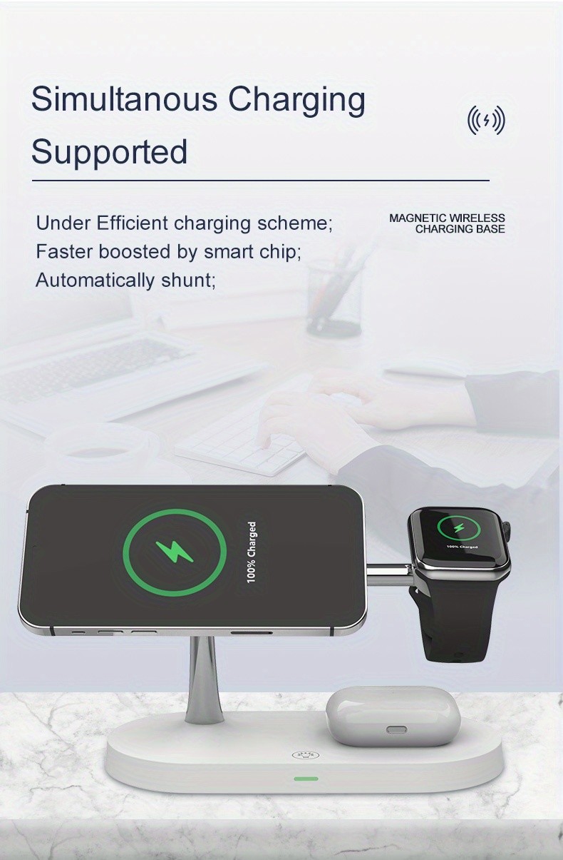 Multi-functional 4-in-1 Wireless Charging Station with Safety Protections for Earbuds