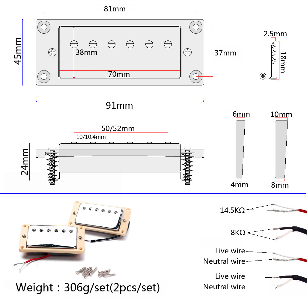 Cream Chrome Mini Humbucker Bass Pickups Set N8K/B14.5K For LP Guitar