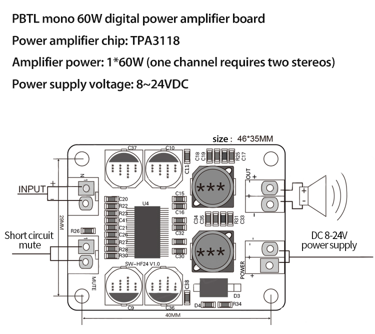 Tpa3118 1X60W 12-24V PBTL Mono Class D Digital Power Amplifier Board for Audio Module