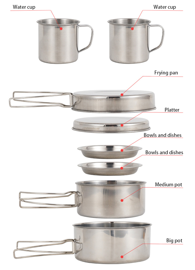 8PCS Camping Outdoor Cookware Set Stainless Steel Camp Accessories