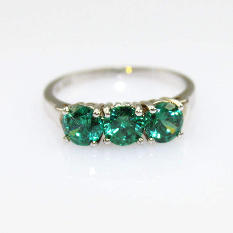 Sterling Silver Created Green Cubic Zircon Three Stone Ring (JY034)