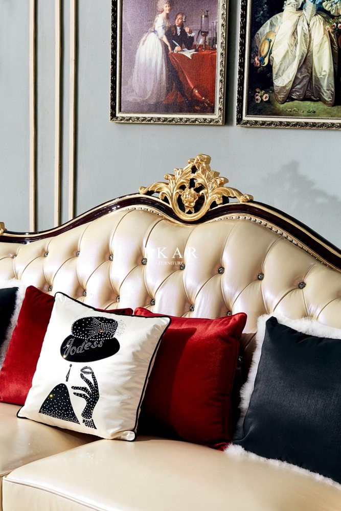 Royal Style Cream Color 6 Seater With Luxury Carving Leather Sofa Set