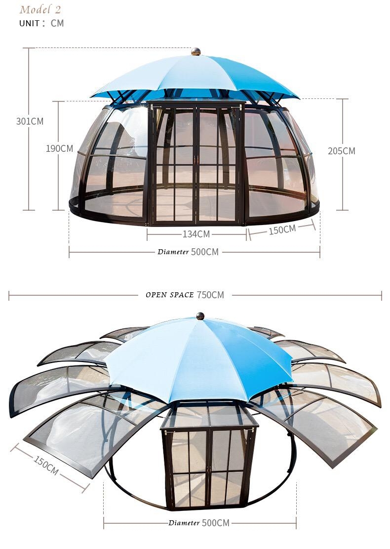 outdoor garden alu aluminium pc polycarbonate gazebo pavilion sunroom sun room house tent dome cabin shed China