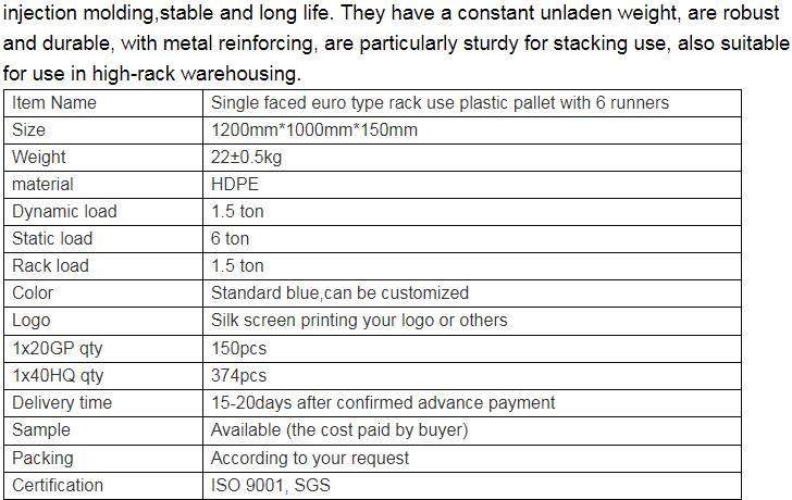 100% Virgin HDPE wear-resistant anti-slip stackable plastic pallet, China Manufacturer accept custom standard stacking p