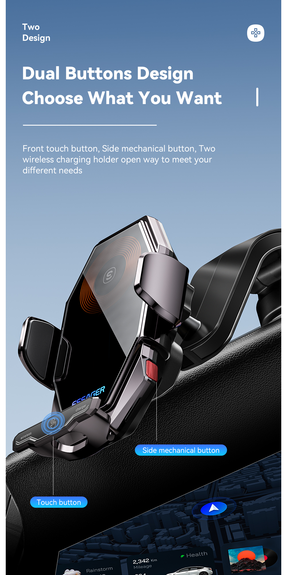 Essager 2023 Pilot 15W Wireless Car Phone Holder High Power 360 Free Rotation Fast Wireless Charging Car