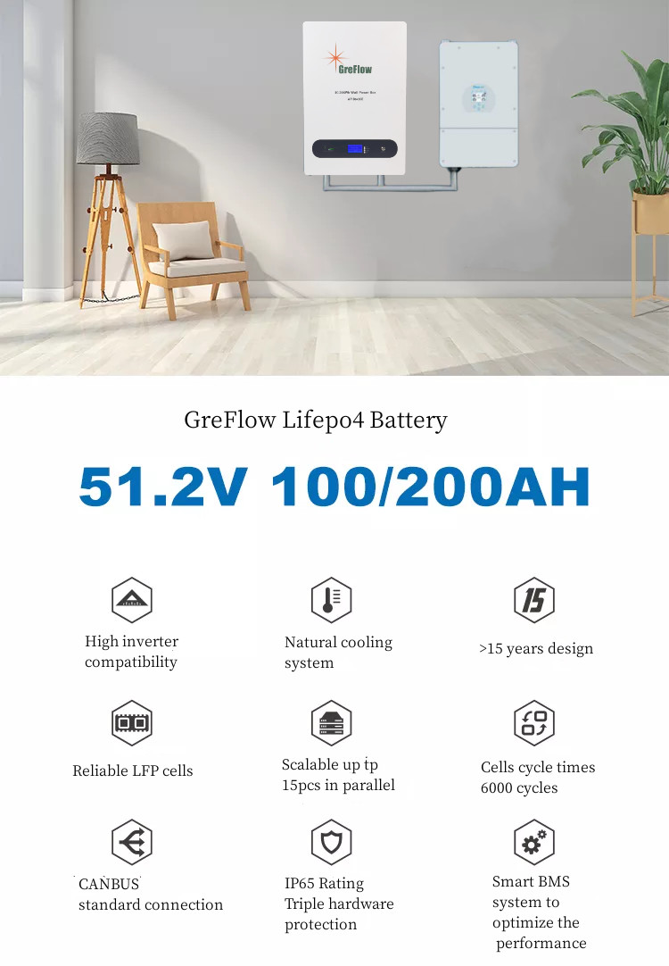 10KW Powerwall Wall Mount 51.2V 200Ah Energy Storage LiFePo4 Battery Solar System