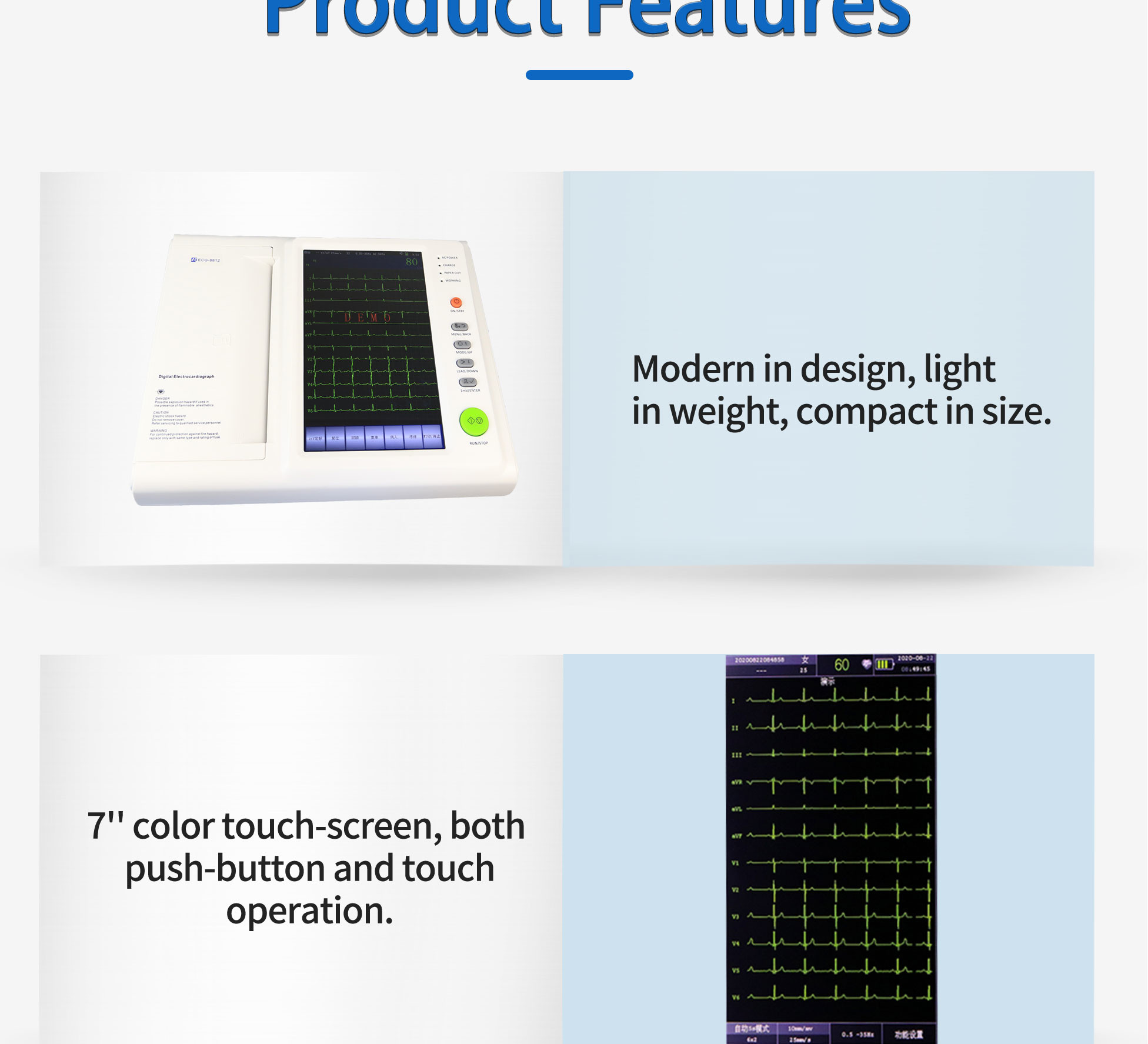 14.8V Touch Screen Medical Ecg Machine Data Transfer By Software Pc