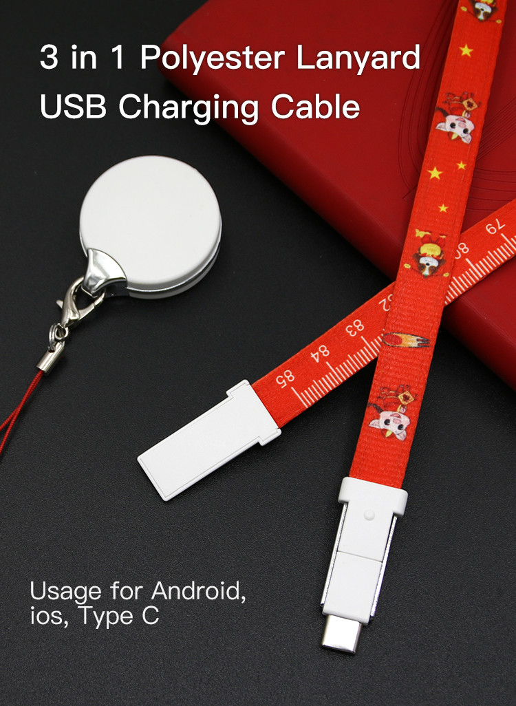 23cm 92cm 3 In 1 Phone Lanyard USB 2.0 Charging Cable Custom Logo