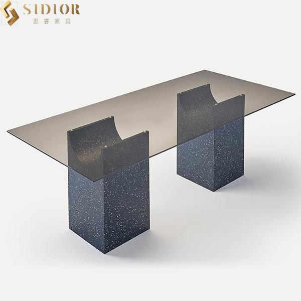 Quality 2.4m Length Modern Clear Tempered Glass Dining Table Marble Base for sale