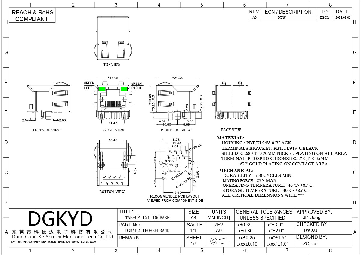 100Mbps Ethernet port connector RJ45 interface dual green network socket DGKYD211B083FD3A4D